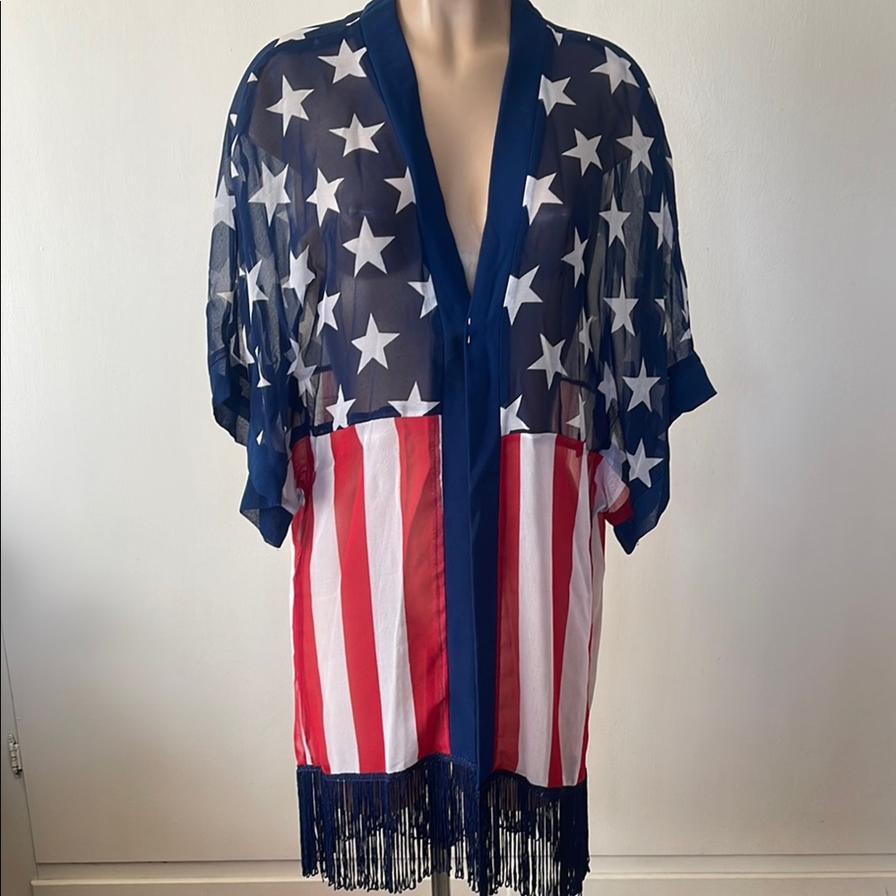 Stars & Stripes Sheer Fringe Kimono - Red White Blue